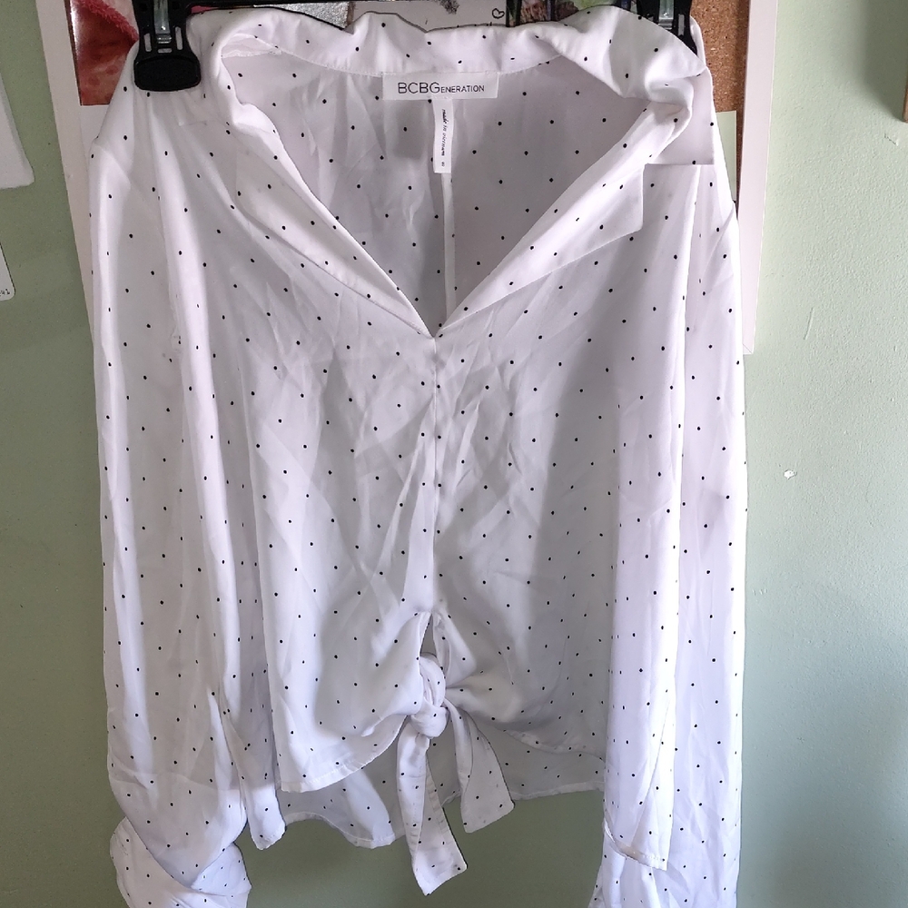 BCBGMaxAzria White Blouse with Black Polka Dots and Front Tie